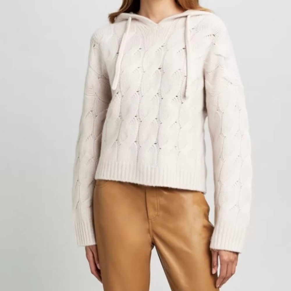 100% Cashmere XS Hoodie Cropped Sweater Ivory Cream Cable Knit Elie Tahari Small